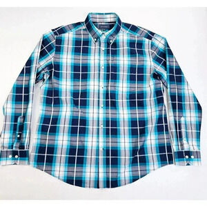 Mason James Size Large Men's White Aqua Gray Blue Check Button Down Pocket Shirt